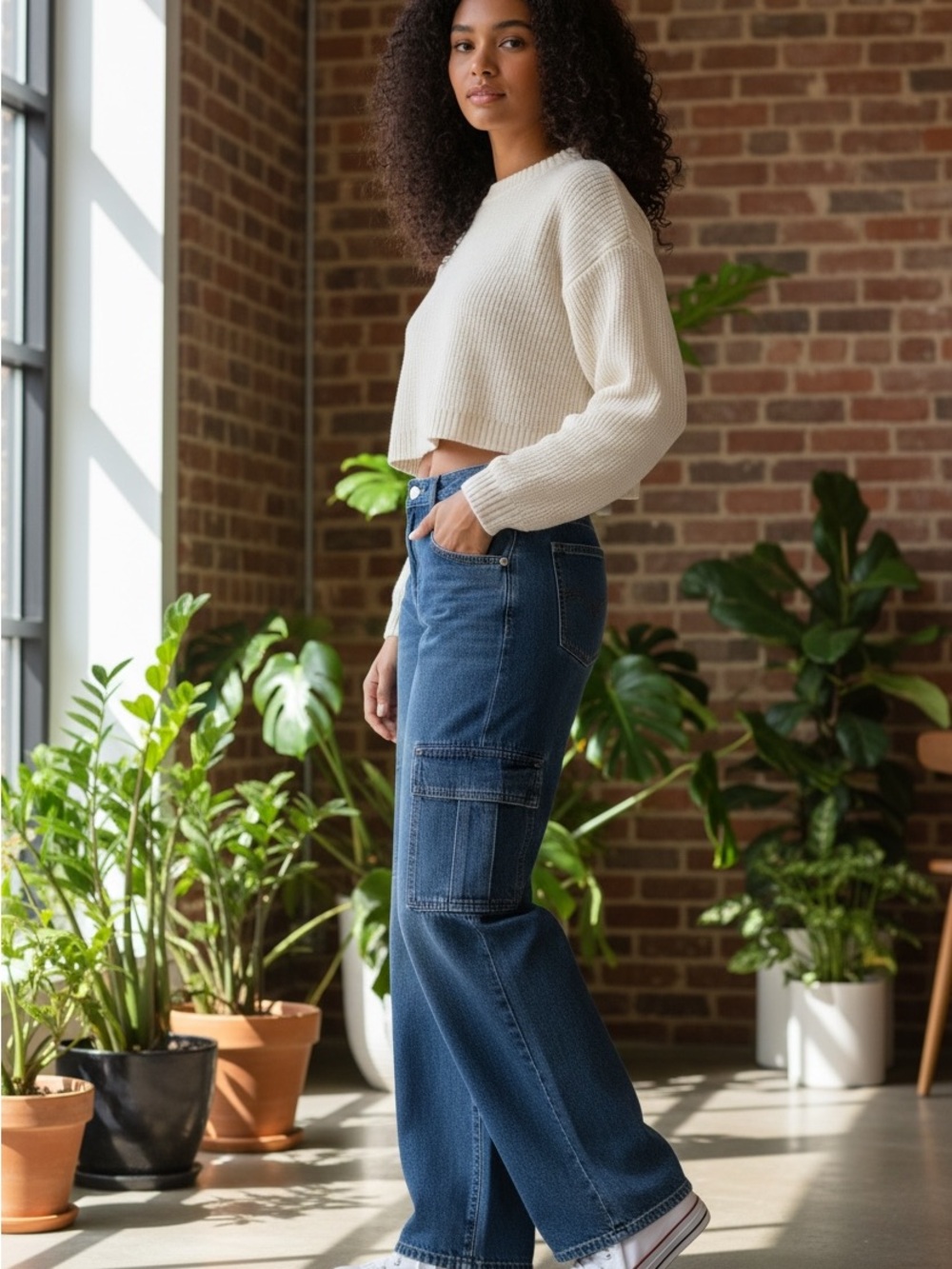 Old Navy Girls' Wide-Leg Cargo Jeans in Medium Blue